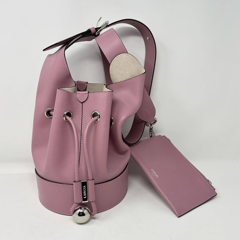 Lancel Cheri Bucket Bag Pink Leather Adjustable Strap Zip Pouch Italy